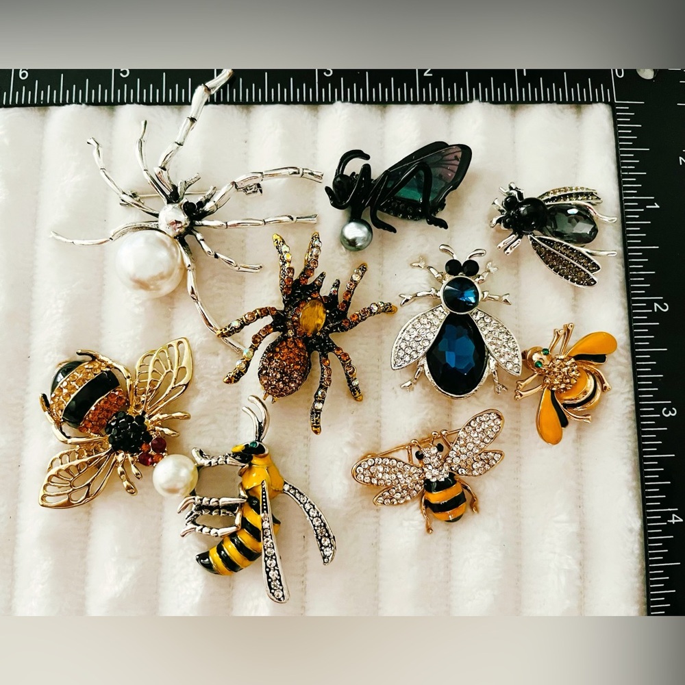 Lot 9 Vintage Style Insect Bee Beetle Spider Brooches Pins Gold Tone Rhinestone